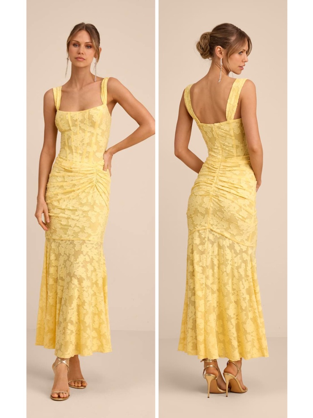 Lulus Celeste Yellow Floral Burnout Bustier Maxi Dress Size Medium Formal NWT